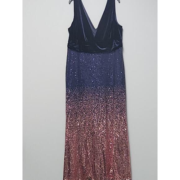 Ever Pretty Velvet Dress Women's 22 NWOT Blue Pink Ombre Sequin Stretch V Neck - Picture 3 of 11